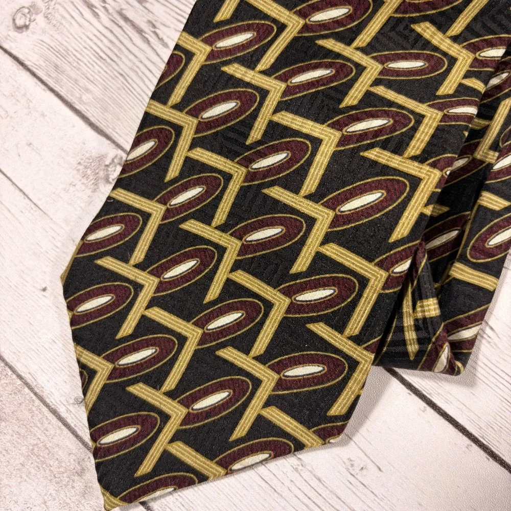 Woodward Mens Silk Necktie Geometric Abstract Gold Burgundy Black Costa Rica
